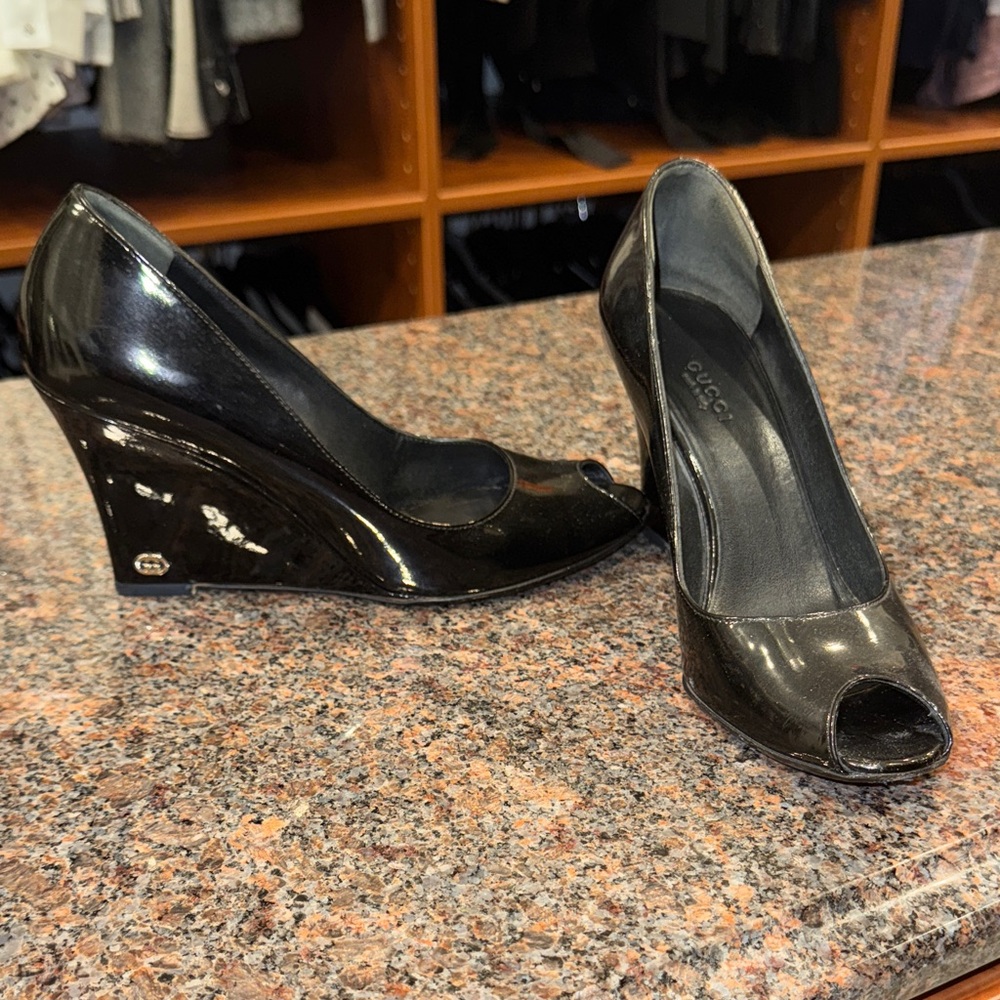Gucci Glossy Black Wedge Peep Toe Shoes